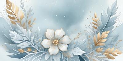 The primary subject of the image is a white flower with a gold center, surrounded by a blue and white background. The visual style of the image is digital art, with a vibrant and lively atmosphere. The colors and mood of the image are predominantly blue and white, with a touch of gold, creating a serene and calming scene.